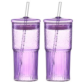 20 oz 2-pack purple glass straw cup with vertical pattern cup and lid, high borosilicate heat-resistant glass cup for juice, milk and cold drinks