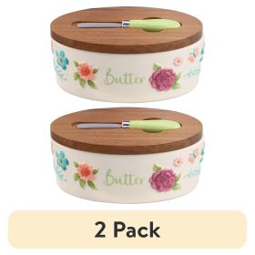 (2 pack) Painted Meadow Butter Dish with Acacia Wood Lid and Serving Knife