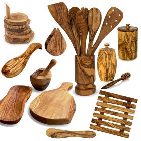Mediterranean Olive Wood Ultimate Kitchen Collection - 25-Piece Luxury Handcrafted Cooking, Dining and Serving Accessories Set for Home and Table