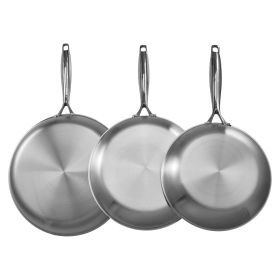 Tri-Ply Stainless Steel Frying Pan, 3 Pcs Set (8, 10, 12 in), Cooking Skillet with Heat-Resistant Handle, Chef's Kitchen Cookware, Oven, Gas, Ele
